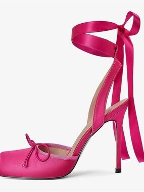 Pink Satin Ankle-Tie High Heel Pump